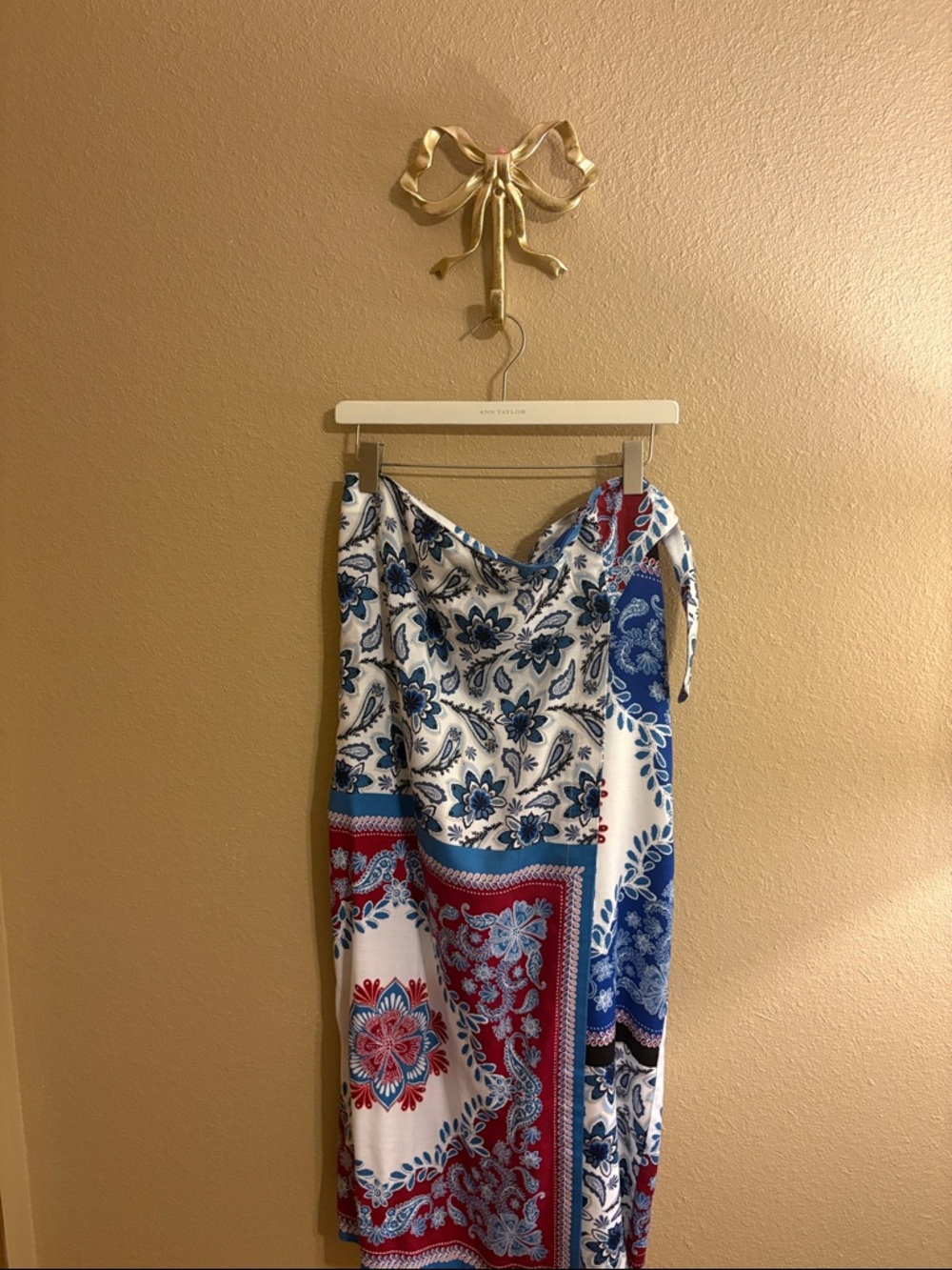 LOFT Blue and Black Floral Faux Wrap Skirt